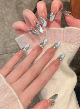 2026新款蓝色穿戴甲海洋蓝猫眼法式带钻假指甲成品穿戴甲片可拆卸