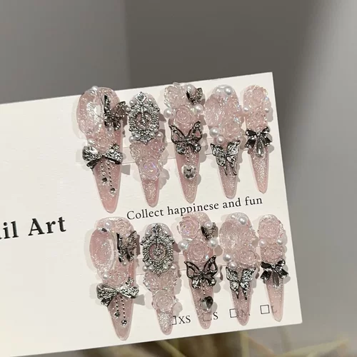 纯手工穿戴甲高级感粉色猫眼高端美甲片欧美重工山茶花假指甲贴片