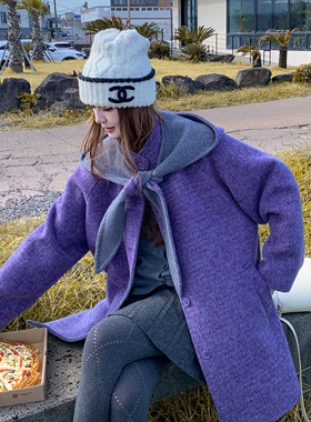 正版双面呢羊绒大衣高品质轻软柔暖手工缝制拆卸连帽紫色羊毛大衣