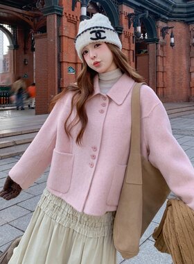 正版粉色双面山羊绒大衣高支手工缝制2025冬季时尚减龄羊毛女外套