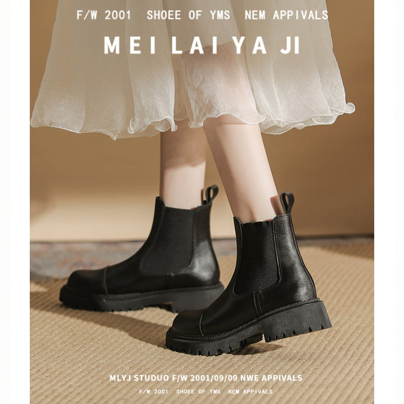 YIMEI SILK BLACK LEATHER PLATFORM CHIMNEY BOOTS WOMENS SPRING AND AUTUMN SINGLE BOOTS 2024 NEW CHELSEA MARTIN BOOTS FOR WOMEN