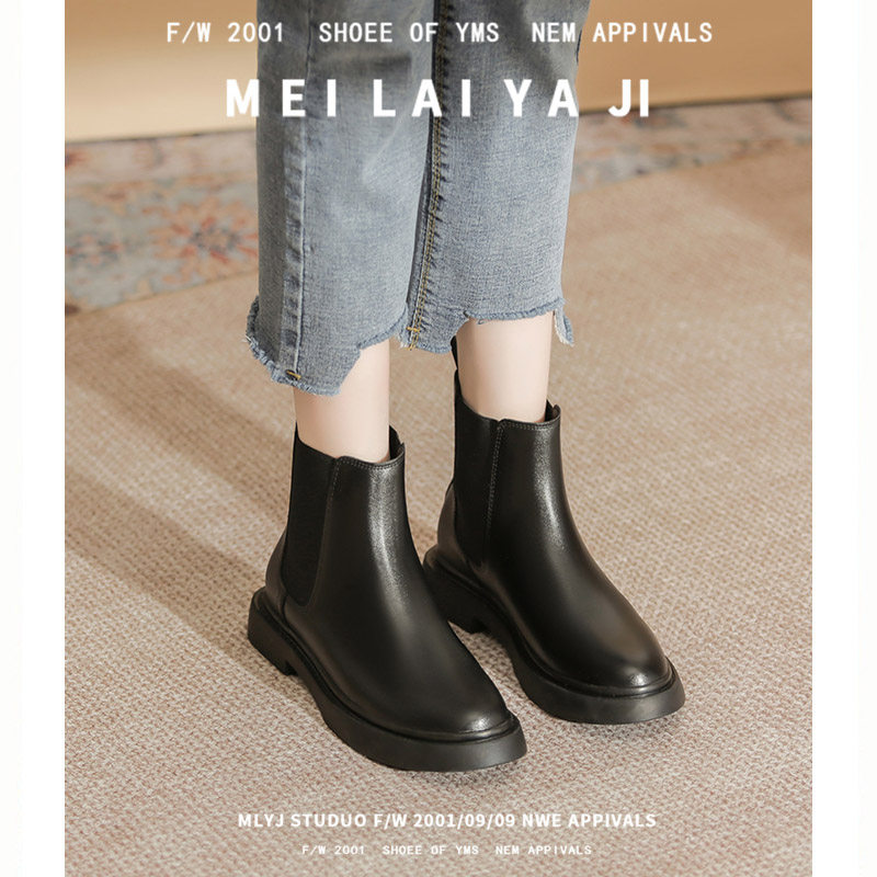 EMEISI BLACK PLATFORM CLOTTER BOOTS CHELSEA BOOTS MARTIN BOOTS WOMENS SPRING AND AUTUMN SINGLE BOOTS BRITISH STYLE PIPE BOOTS