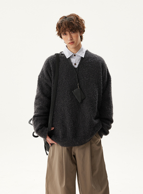 Syri水曜日美式715g羊毛混纺毛衣男女V领早秋复古重磅针织衫外套