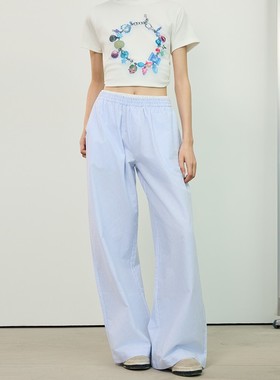 Syr 蓝白条纹裤新款休闲裤女春夏款松紧腰松弛小个子裤子阔腿裤