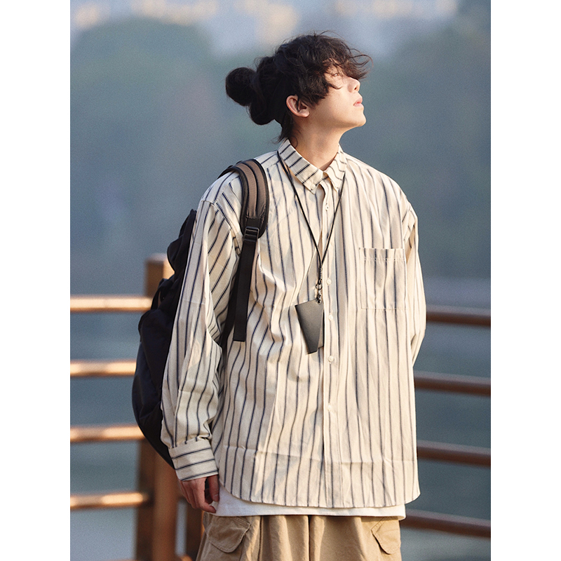 水曜日定休 春季日系复古条纹长袖衬衫男简约百搭休闲衬衣女潮牌