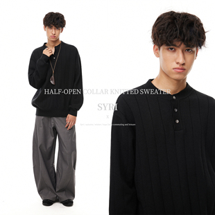 老钱坑条亨利领 打底衫 复古黑色针织衫 长袖 休闲百搭情侣款 Syri