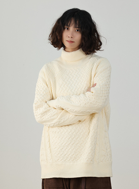 水曜日定休 冬季菱纹复古日系高领毛衣男宽松休闲情侣保暖针织衫