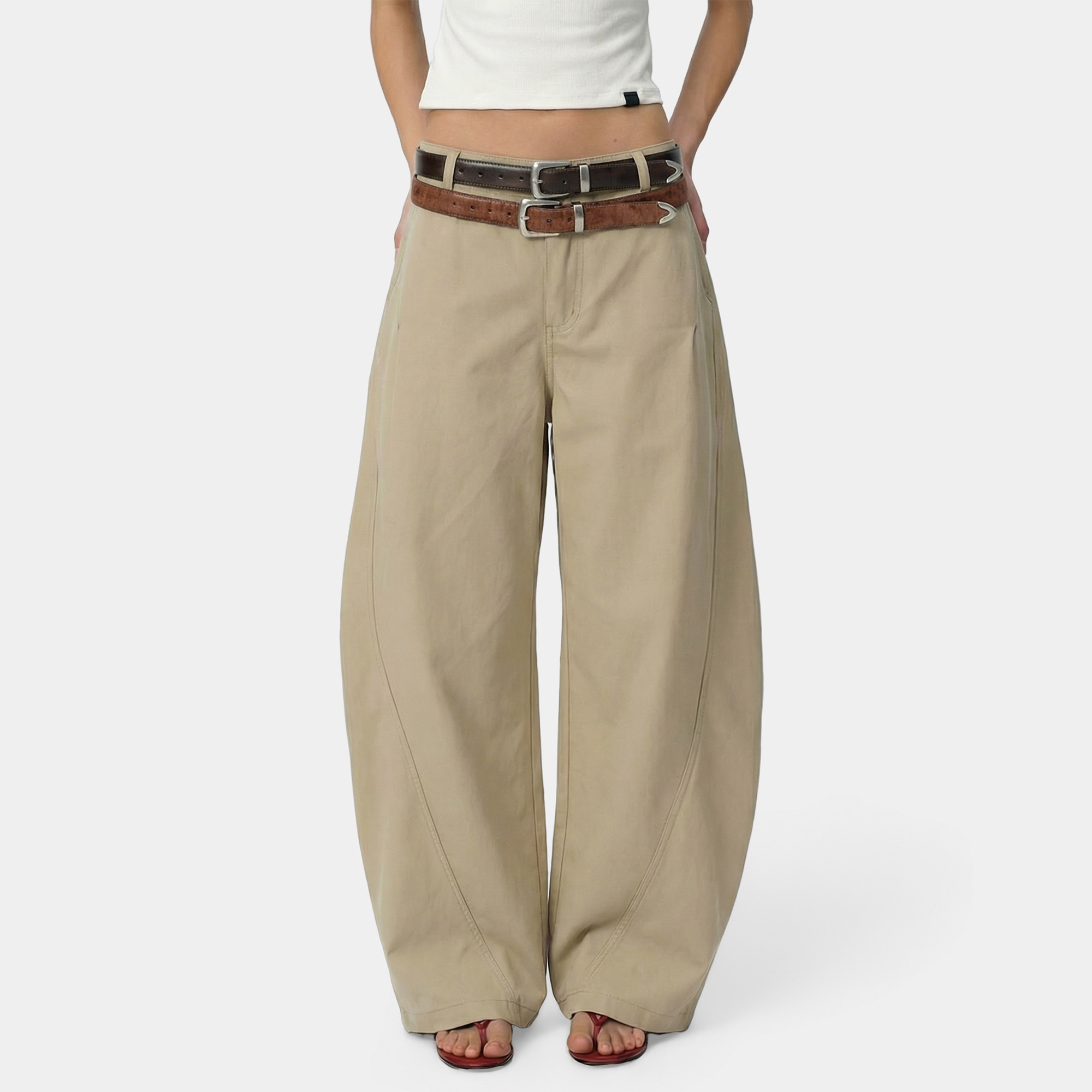 Syri 复古卡其色弯刀弧形裁剪休闲裤男女款早秋直筒长裤阔腿裤子