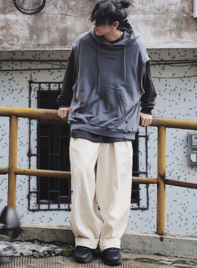 Wed复古阔腿裤洗水白色牛仔裤男女小众日系宽松工装街头老爹裤潮