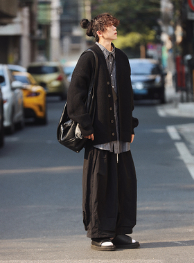 水曜日定休秋冬季日系复古纯色V领单排扣开衫毛衣男宽松针织衫潮