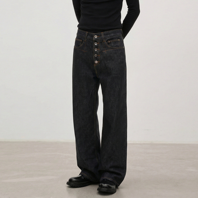 复古刺绣五连扣原牛牛仔裤