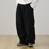 水曜日定休 男春秋宽松松紧腰做旧日系休闲裤 重磅水洗工装 牛仔裤