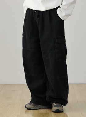 水曜日定休 重磅水洗工装牛仔裤男春秋宽松松紧腰做旧日系休闲裤