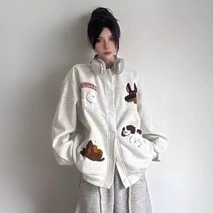 美式 宽松休闲百搭外套ins潮 复古卡通小狗刺绣开衫 卫衣女春秋新款