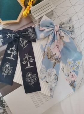 新款国风马面碎花玛卡黑色大号飘带蝴蝶结弹簧夹顶夹甜美百搭发饰