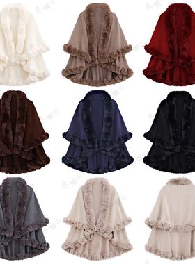 直播外贸供货秋冬獭兔毛领双层仿羊绒斗篷披肩大码针织开衫外套女