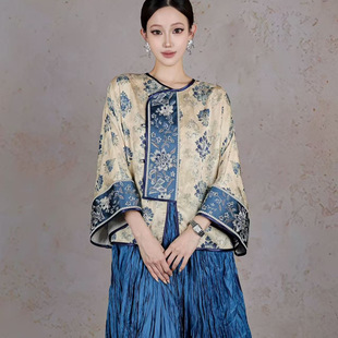 新中式国风轻奢女装宋锦香云纱拼接重工刺绣太太服长袖上衣外套