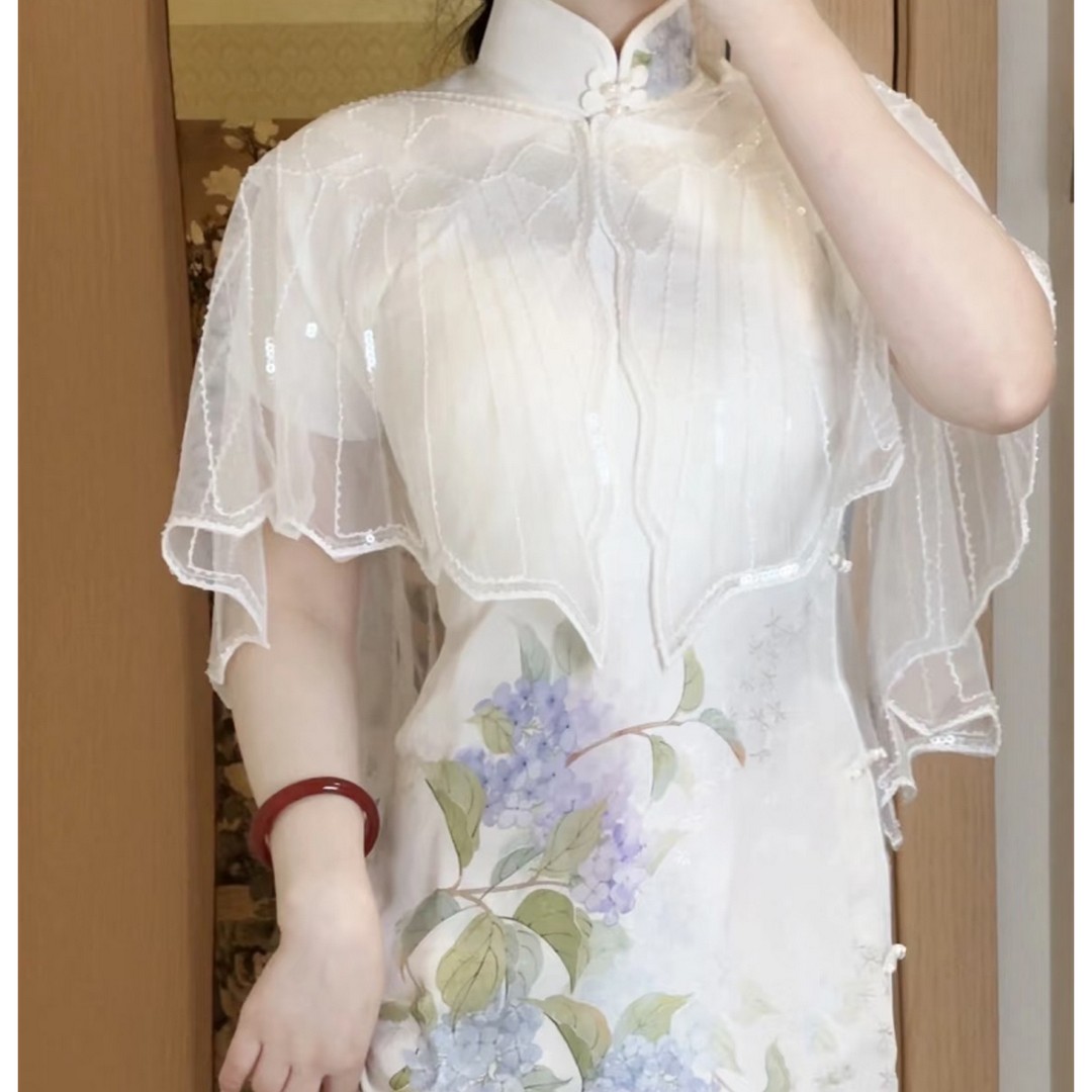 轻奢蕾丝网纱披肩米珠流苏云肩搭配旗袍婚纱礼服斗篷披肩短开衫夏