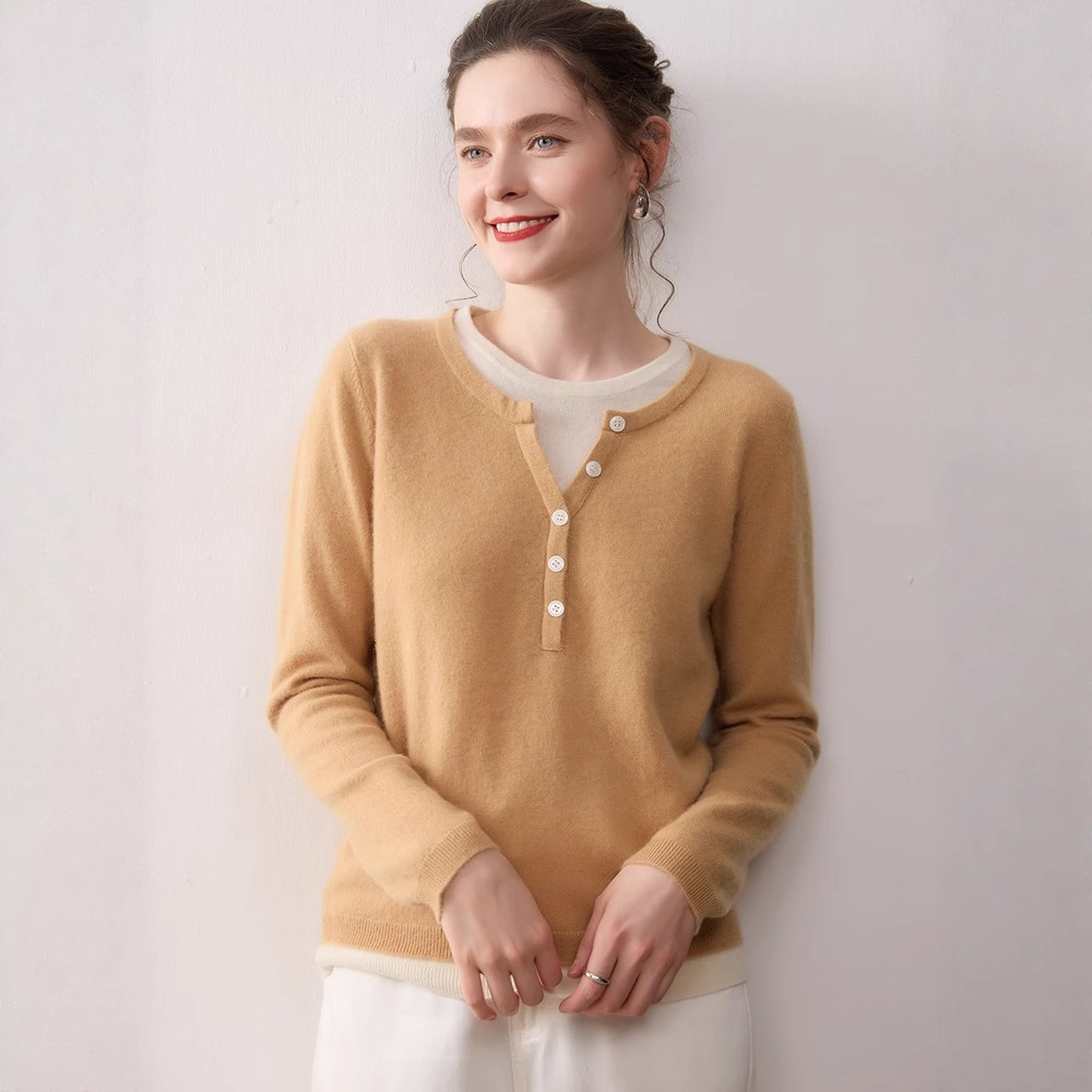 秋冬新款针织打底衫女圆领套头毛衣内搭上衣假两件圆领撞色山羊绒