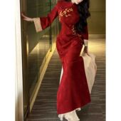 感刺绣订婚过年礼服长袖 新中式 红色旗袍冬装 金梅报喜连衣裙