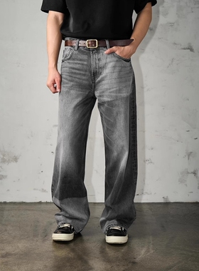 【矩格】Dokie13盎司进口水洗手工擦色宽松直筒牛仔裤男春夏新款