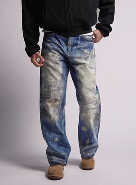 【软蛋】Dokie15盎司重磅男士油污手工做旧复古宽松直筒牛仔裤