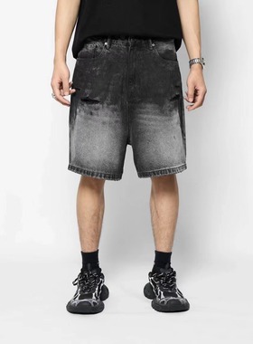 【32024】Dokie水洗泼墨破洞黑色牛仔短裤男士美式潮流五分裤