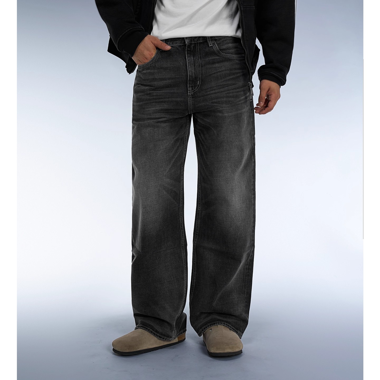Dokie【烟痕】25秋冬新款14盎司重磅进口猫须宽松直筒牛仔裤男