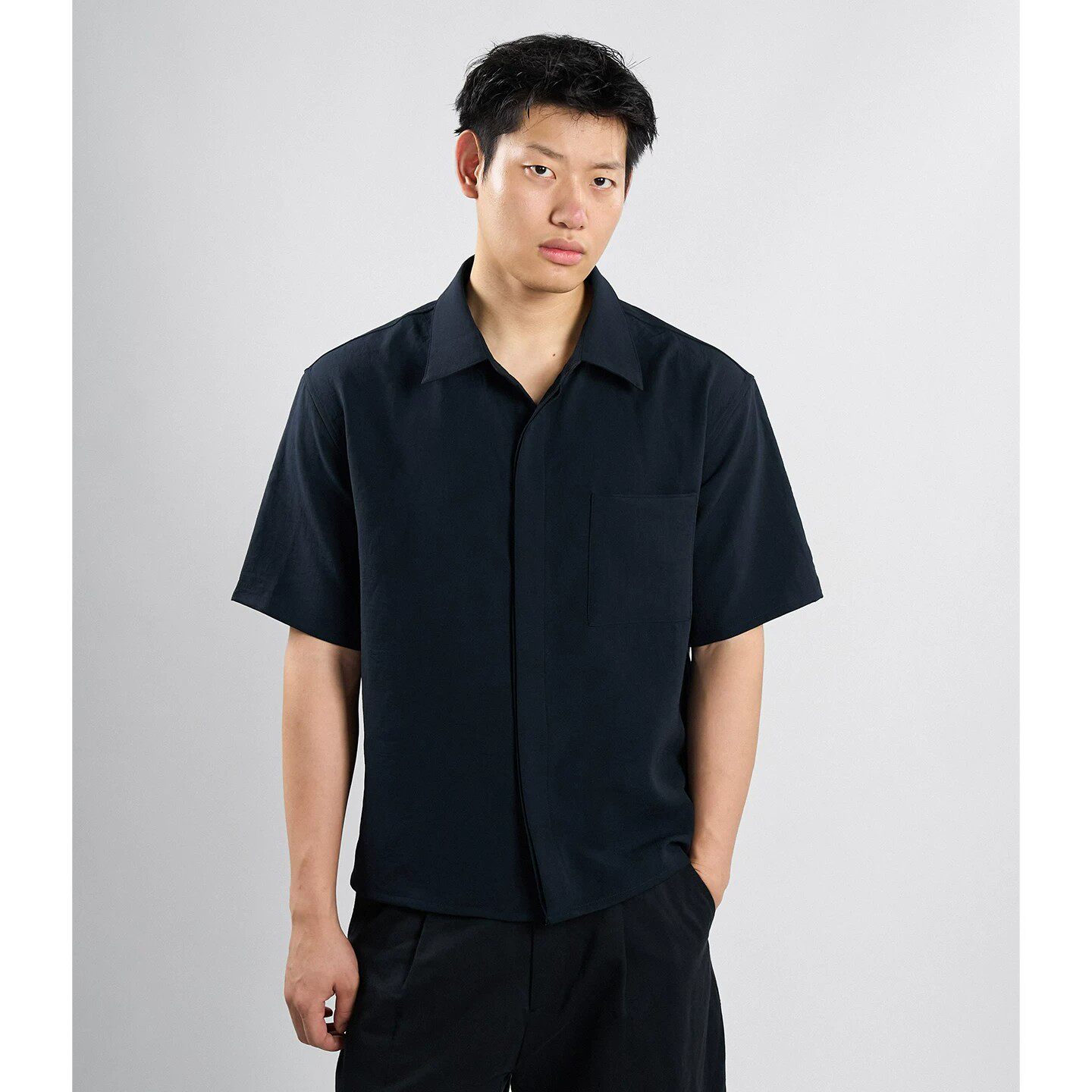 Dokie夏季新品进口双层弹力男士衬衣涤纶轻薄凉感翻领短袖衬衫