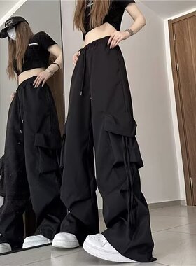 美式伞兵工装裤女夏季薄款高腰复古直筒运动户外松紧腰速干阔腿裤