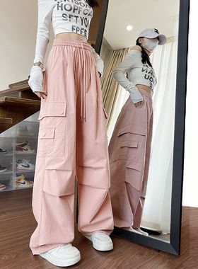 美式伞兵工装裤女夏季新款薄款高腰复古直筒运动户外速干阔腿长裤