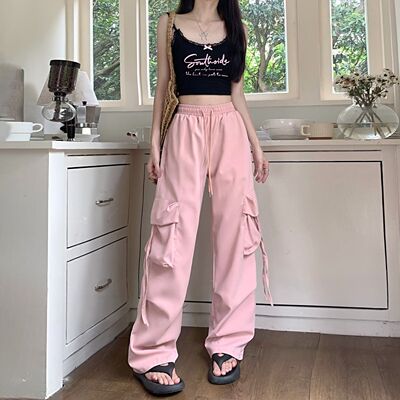多巴胺穿搭夏天裤子女小众设计感直筒裤美式高街vibe学生粉色裤
