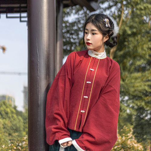 原创新春立领对襟琵琶袖保暖汉服