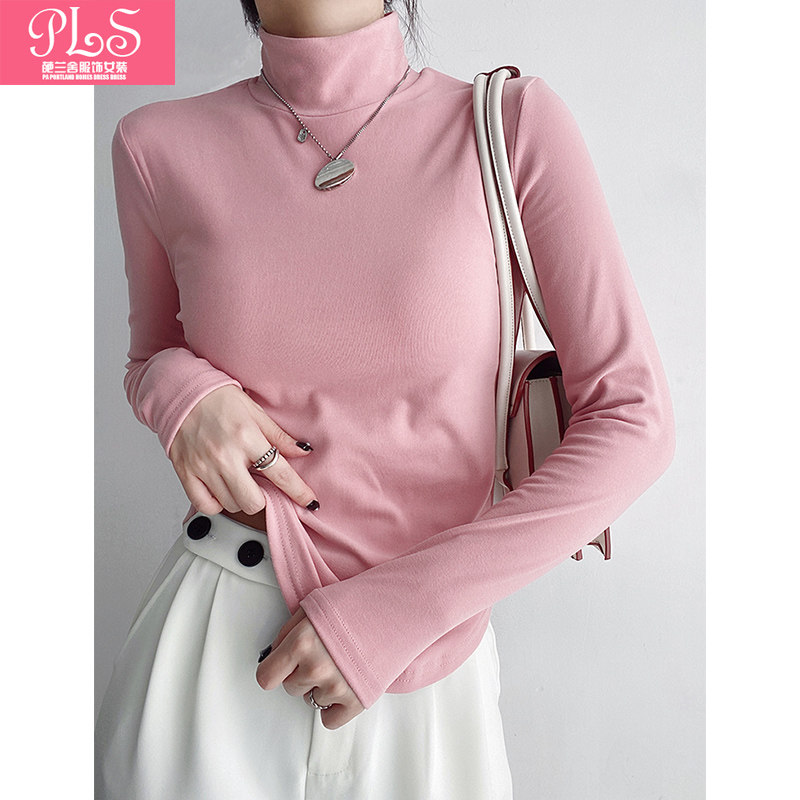 2023年秋冬半高领修身显瘦纯棉打底衫t恤上衣女装纯色中领长袖t恤