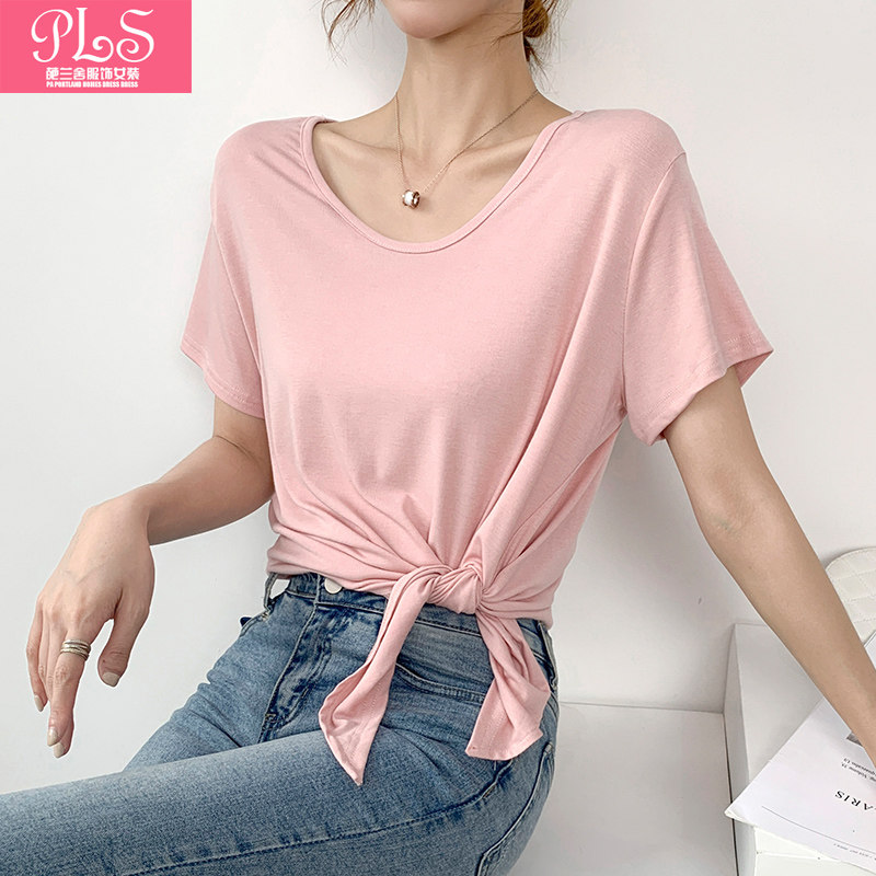 夏季新款圆领宽松遮肉打结不规则下摆百搭短袖t恤短款简约上衣