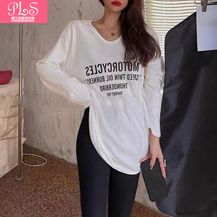 大领口长袖t恤女2023春秋宽松中长款遮屁股字母印花u领圆弧打底衫