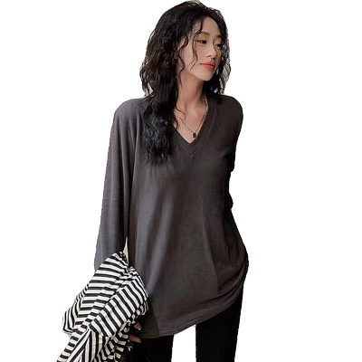 V领宽松大码中长款纯棉纯色长袖