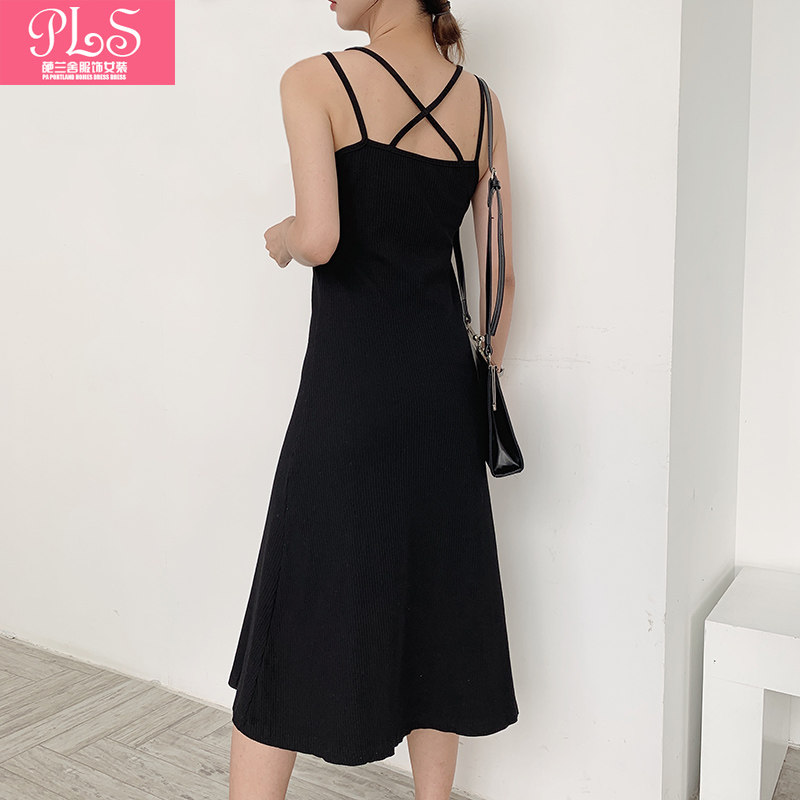 夏季新款双v领露背吊带连衣裙修身显瘦纯白内搭打底女装背心