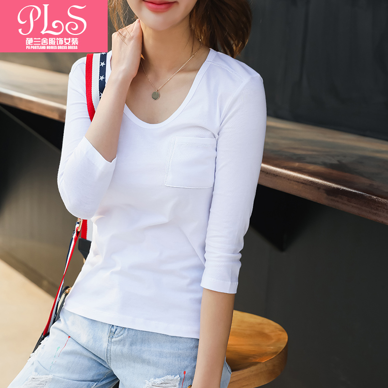 春秋季新款圆领修身中袖口袋纯色纯白简约半袖T恤打底衫女装