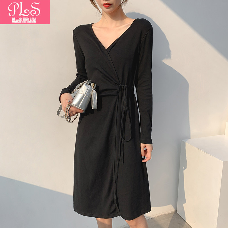 春秋季新款韩版v领长袖纯色连衣裙气质时尚女装中长裙内搭打底裙
