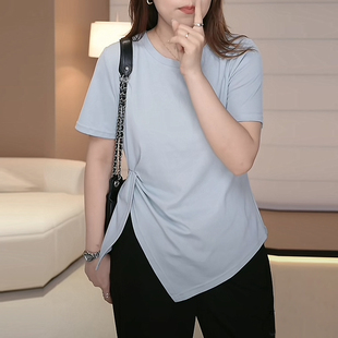 极简设计感纯棉T恤女短袖 圆领不规则下摆外穿宽松立领半袖 打底衫