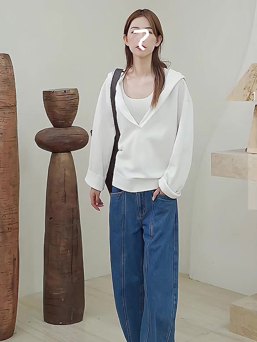 2024 새로운 가을 스타일 느슨한 슬리밍 다목적 게으른 스타일 후드 티셔츠 심플 탑 틈새 깊은 V 여성 탑