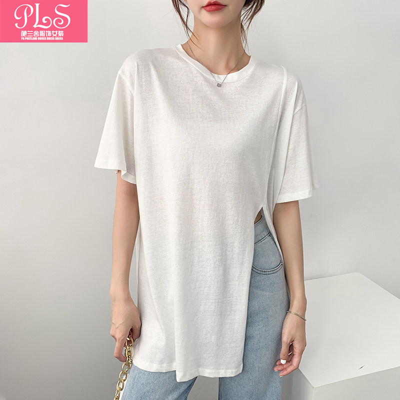 夏季新款纯白圆领宽松短袖t恤女装中长款纯色休闲简约侧开叉上衣