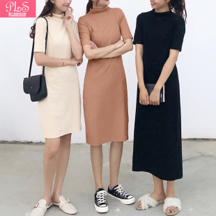 韩版 女装 半高领三规格中长款 显瘦短袖 纯白打底连衣裙 修身 春秋新款