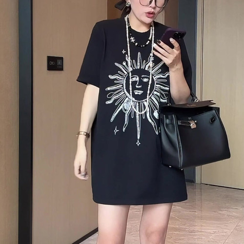 欧洲站太阳印花夏季新款洋气显瘦百搭黑色圆领短袖T恤