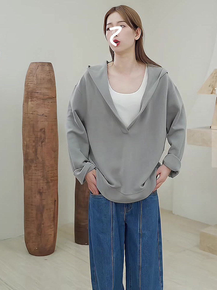 2024 새로운 가을 스타일 느슨한 슬리밍 다목적 게으른 스타일 후드 티셔츠 심플 탑 틈새 깊은 V 여성 탑