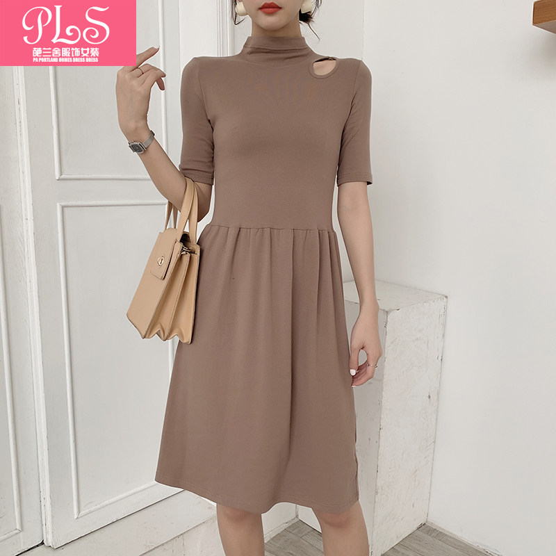 春夏新款半高领中袖桔梗裙小心机纯色打底连衣裙纯白内搭裙女装
