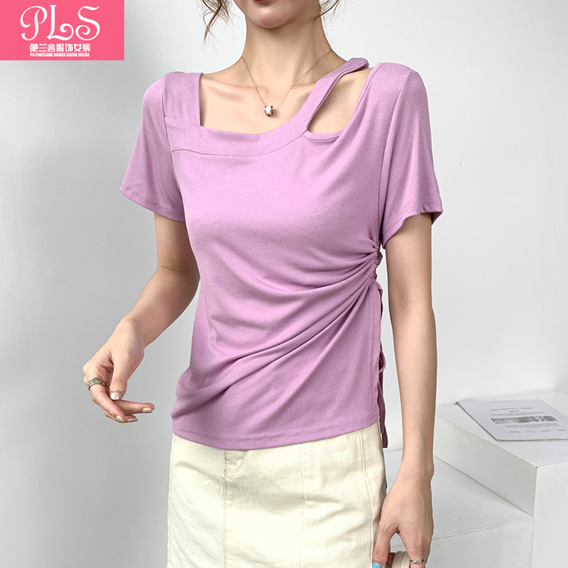 夏季新款斜领镂空小心机气质韩版短袖侧边抽绳T恤百搭收腰上衣女