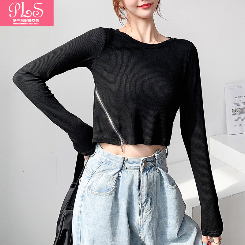 春秋衣新款圆领短款小宽松简约侧边拉链纯色长袖螺纹坑条上衣女装