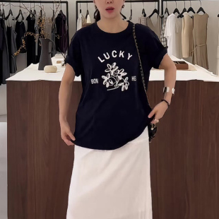 夏季新款韩版洋气花卉印花图案短袖T恤女宽松百搭休闲上衣